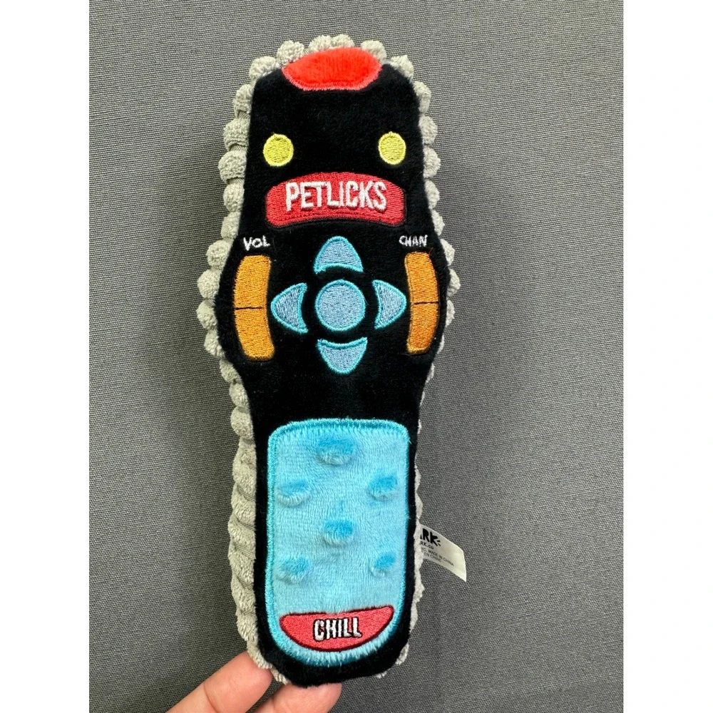 BarkBox Petlicks Remote Control Plush Squeaker Dog Toy Black‎ Grey Corduroy Side